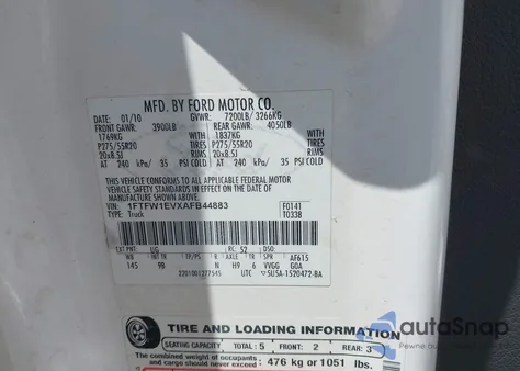2010 Ford F-150 Fx4/Harley-Davidson/King Ranch/Lariat/Platinum/Xl/Xlt z USA, uszkodzony, nr VIN 1FTFW1EVXAFB44883